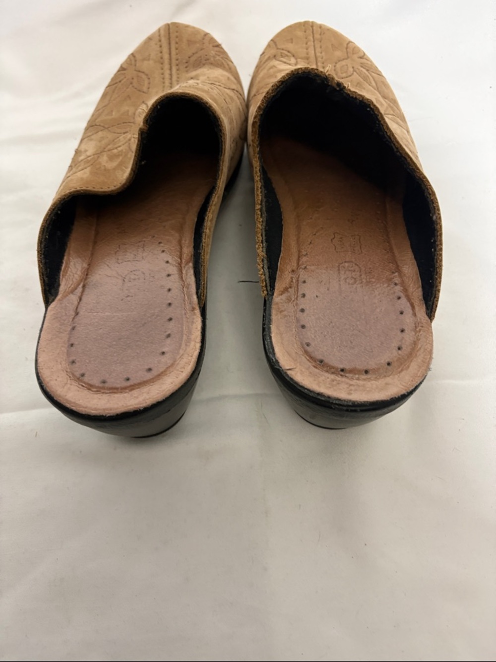 Women's Fly Flot Tan Suede Wedge Mules with Floral Stitching - Picture 4 of 6